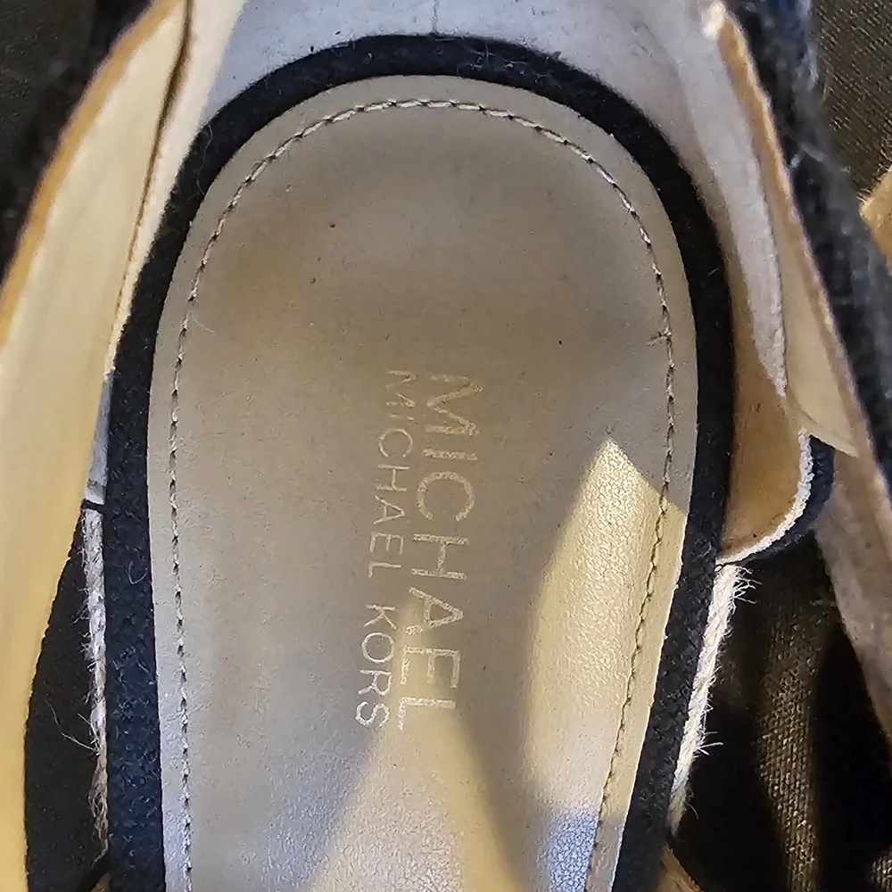 Michael Kors Black Strappy Espadrille Wedge Sandals with Gold Zip